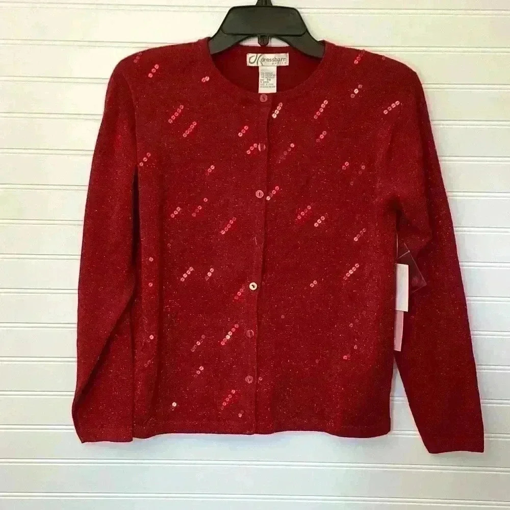Dressbarn NWT Red Cardigan Woman's Size PM Red Sequins Metallic